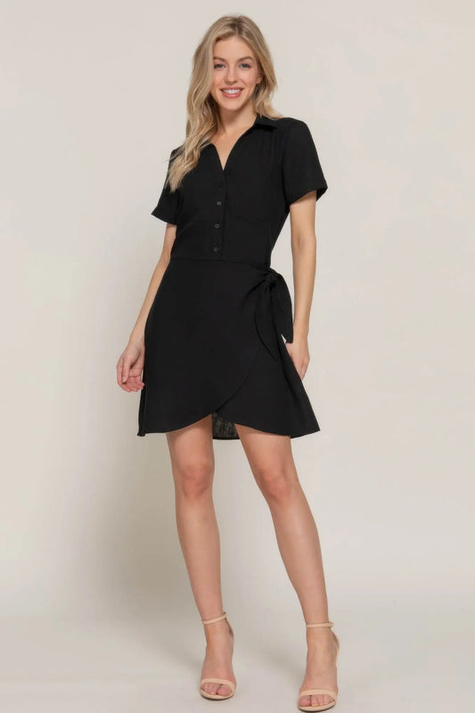 Button Down Side Bow Linen Effect Black Mini Dress