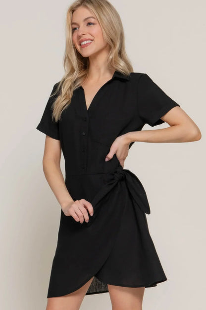 Button Down Side Bow Linen Effect Black Mini Dress - IVORYNN
