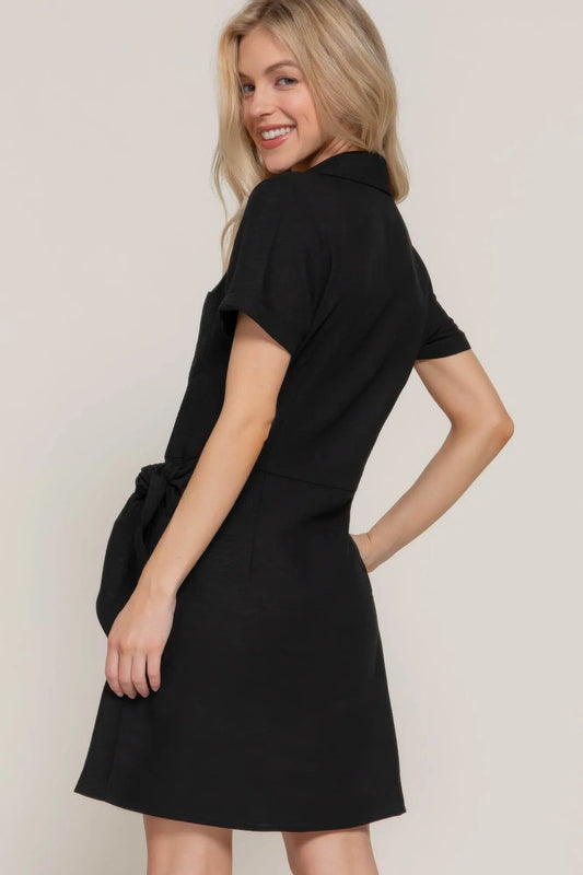 Button Down Side Bow Linen Effect Black Mini Dress