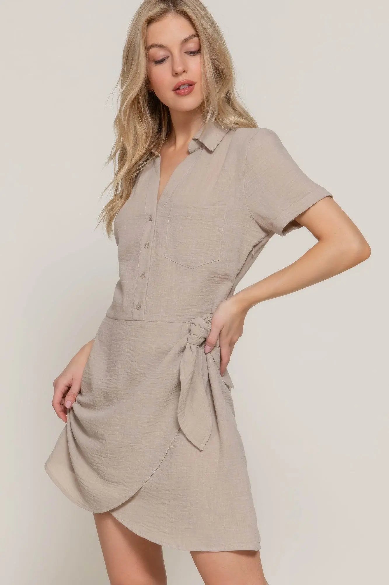 Button Down Side Bow Linen Effect Nude Mini Dress - IVORYNN