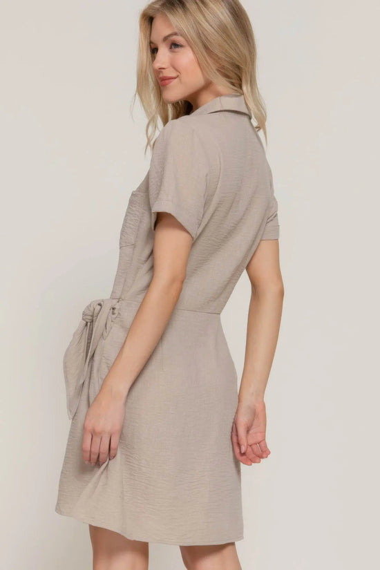 Button Down Side Bow Linen Effect Nude Mini Dress - IVORYNN