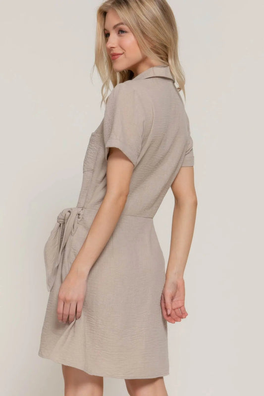 Button Down Side Bow Linen Effect Nude Mini Dress