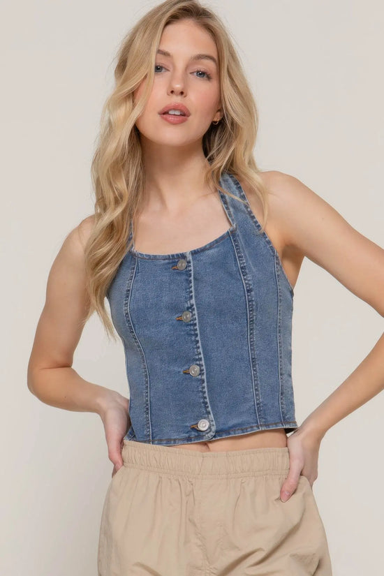 Button Down Stretch Denim Halter Top - IVORYNN