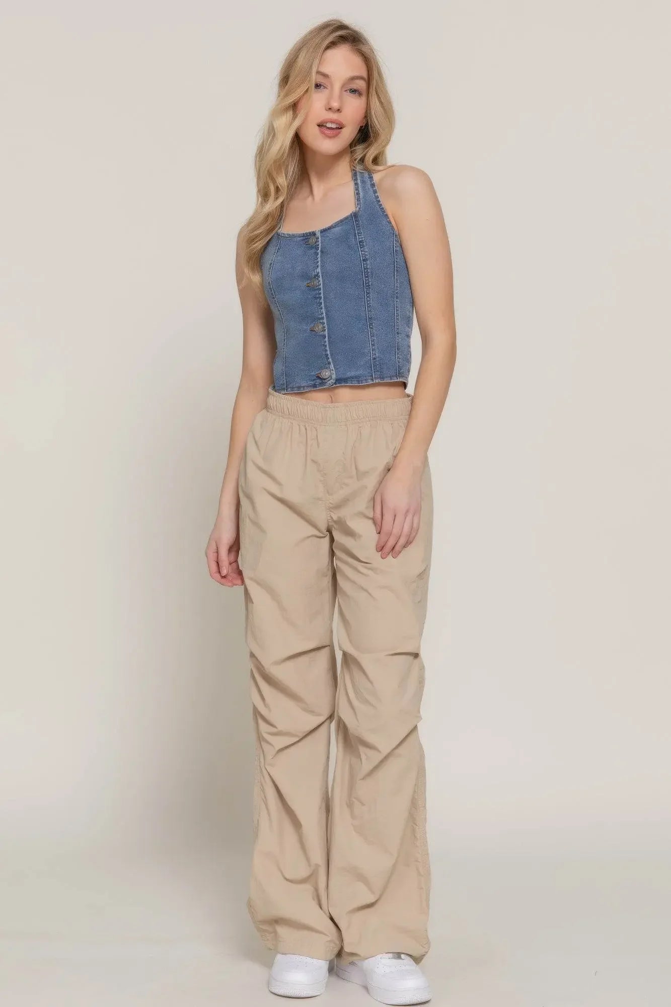 Button Down Stretch Denim Halter Top - IVORYNN
