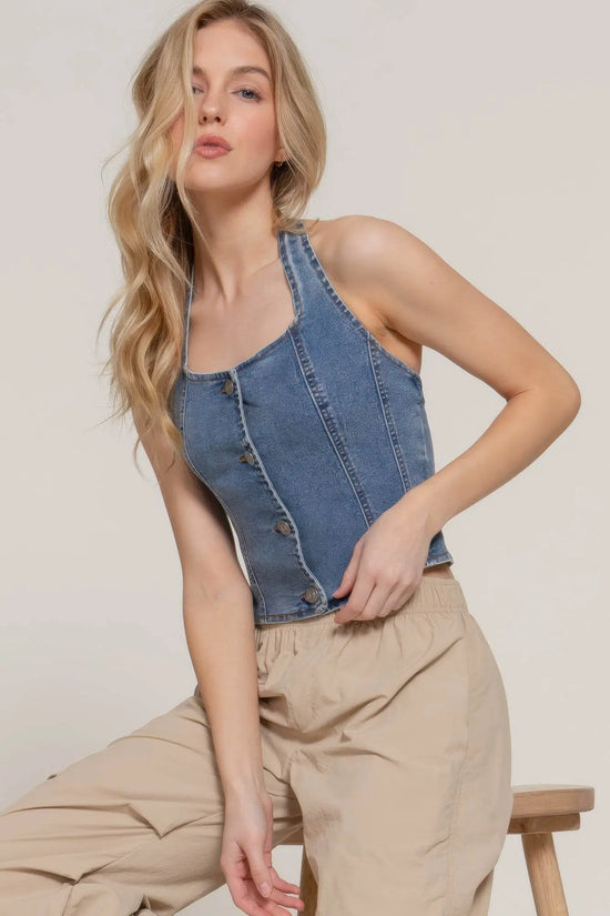 Button Down Stretch Denim Halter Top - IVORYNN