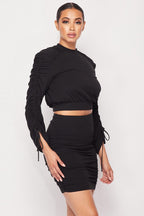 Ruched Long Sleeve And Skirt Black Set