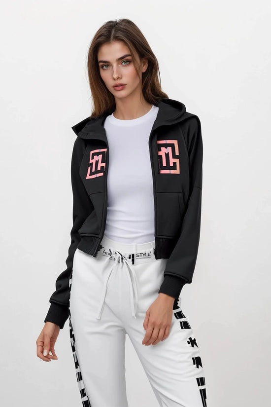 COWT Cropped Zip-Through Black Sweatshirt - IVORYNN