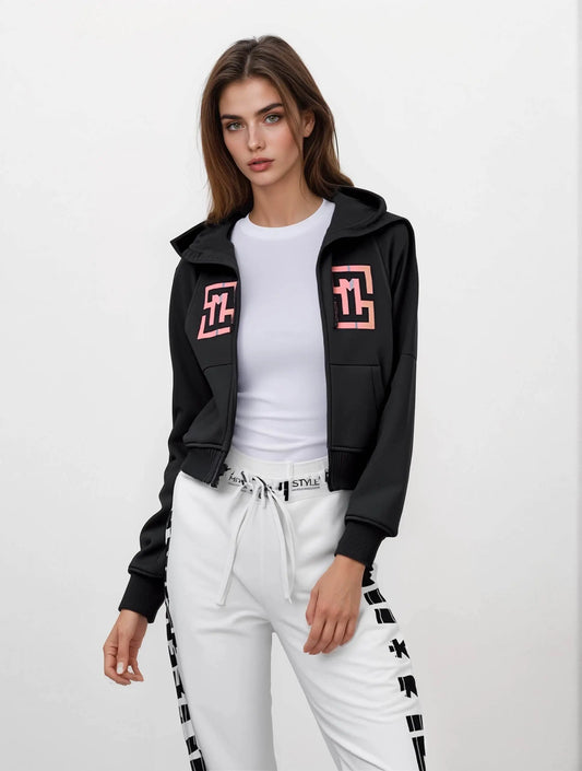 COWT Cropped Zip-Through Black Sweatshirt