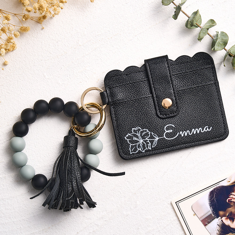 Personalize  Black PU Leather Wallet With Beaded Bracelet