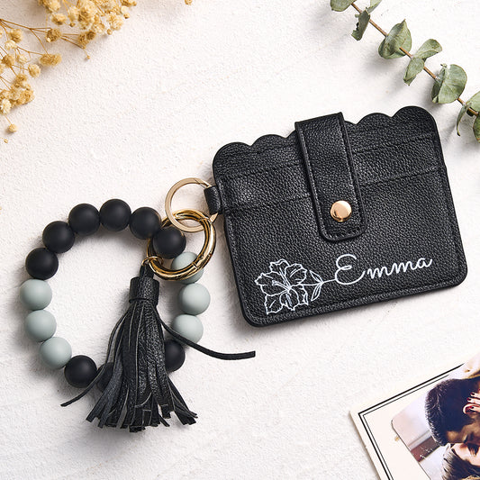 Personalize  Black PU Leather Wallet With Beaded Bracelet