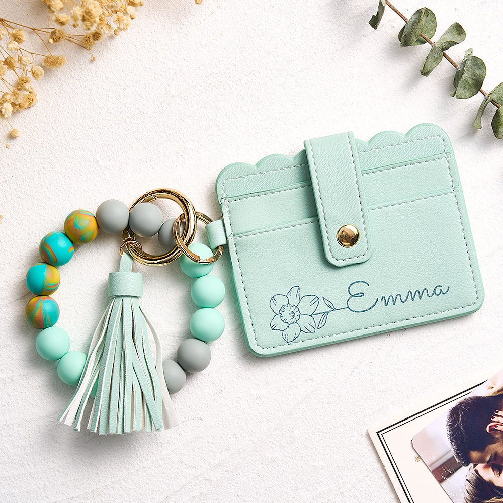 Personalize Green PU Leather Wallet With Beaded Bracelet