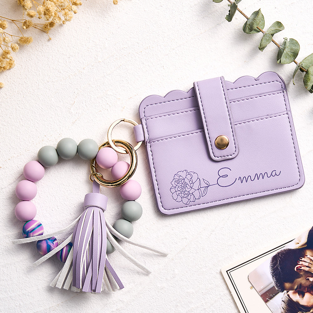 Personalize Purple PU Leather Wallet With Beaded Bracelet