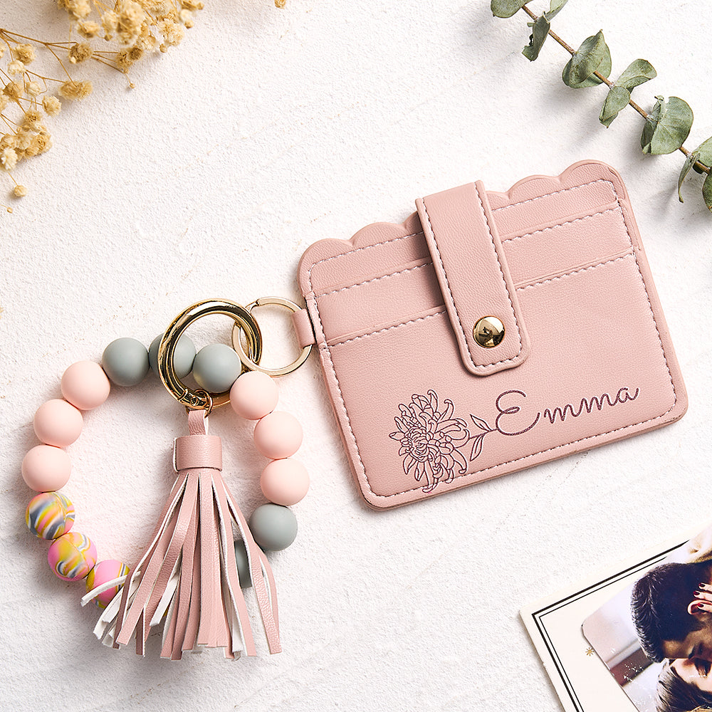 Personalize Pink PU Leather Wallet With Beaded Bracelet