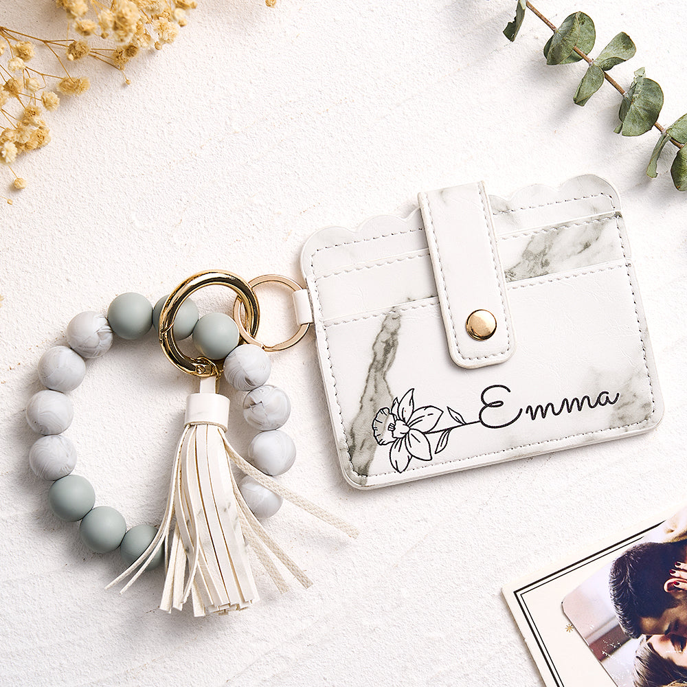 Personalize White PU Leather Wallet With Beaded Bracelet