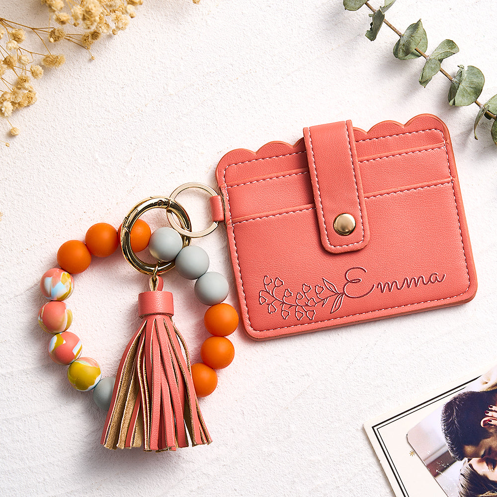 Personalize Orange PU Leather Wallet With Beaded Bracelet