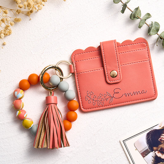 Personalize Orange PU Leather Wallet With Beaded Bracelet
