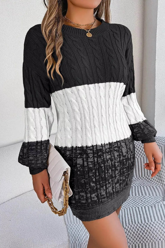 Cable Black Knit Sweater Dress with Textured Pattern - IVORYNN