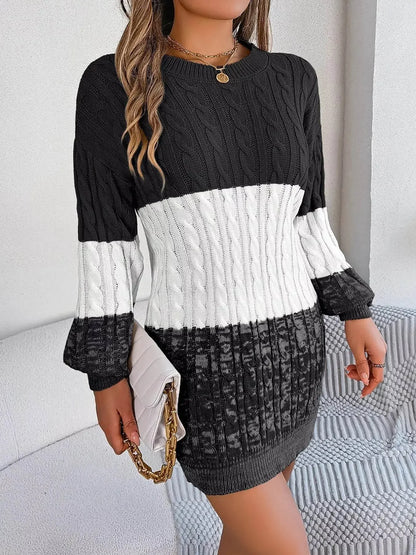 Cable Black Knit Sweater Dress with Textured Pattern - IVORYNN