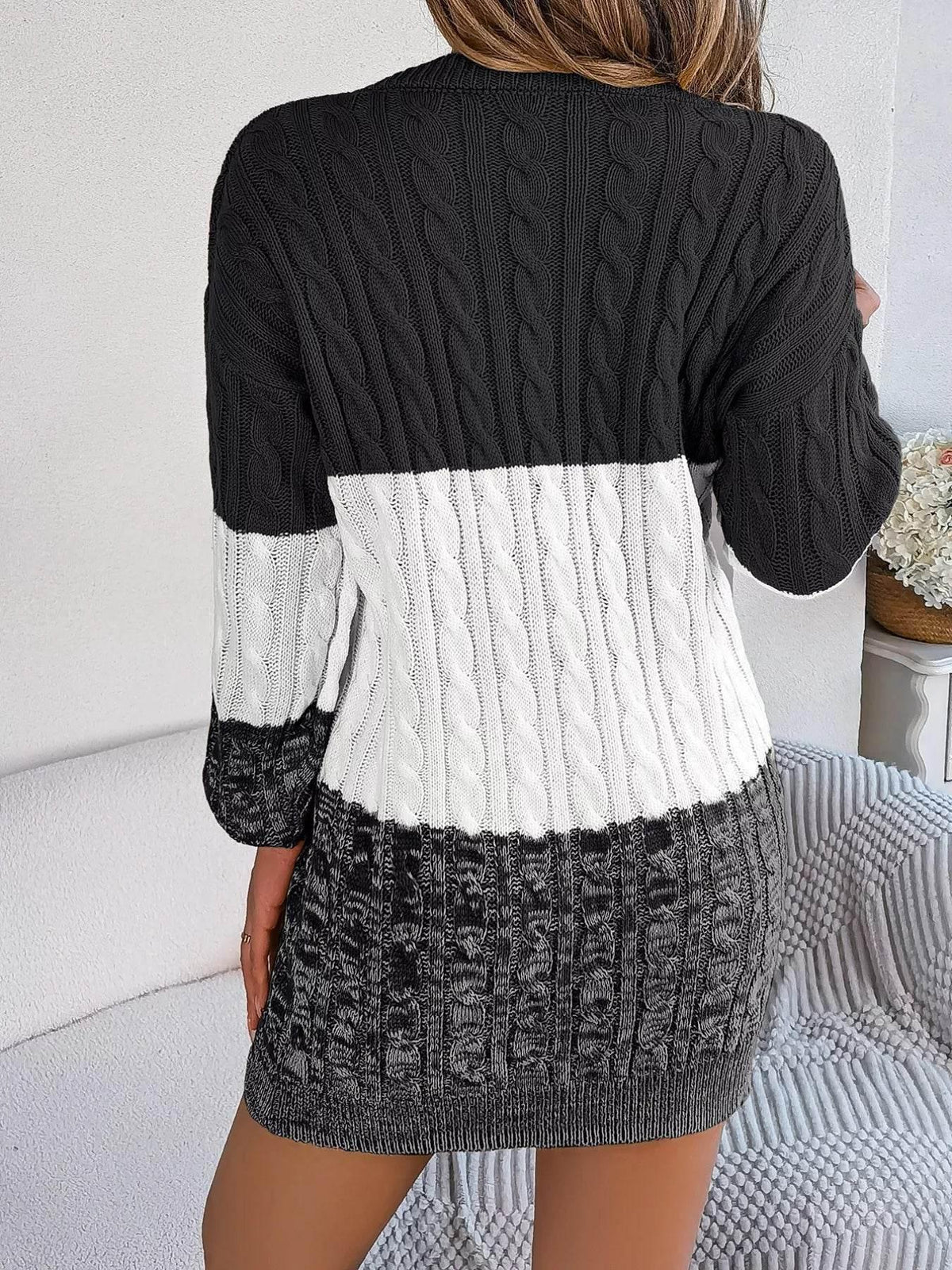 Cable Black Knit Sweater Dress with Textured Pattern - IVORYNN