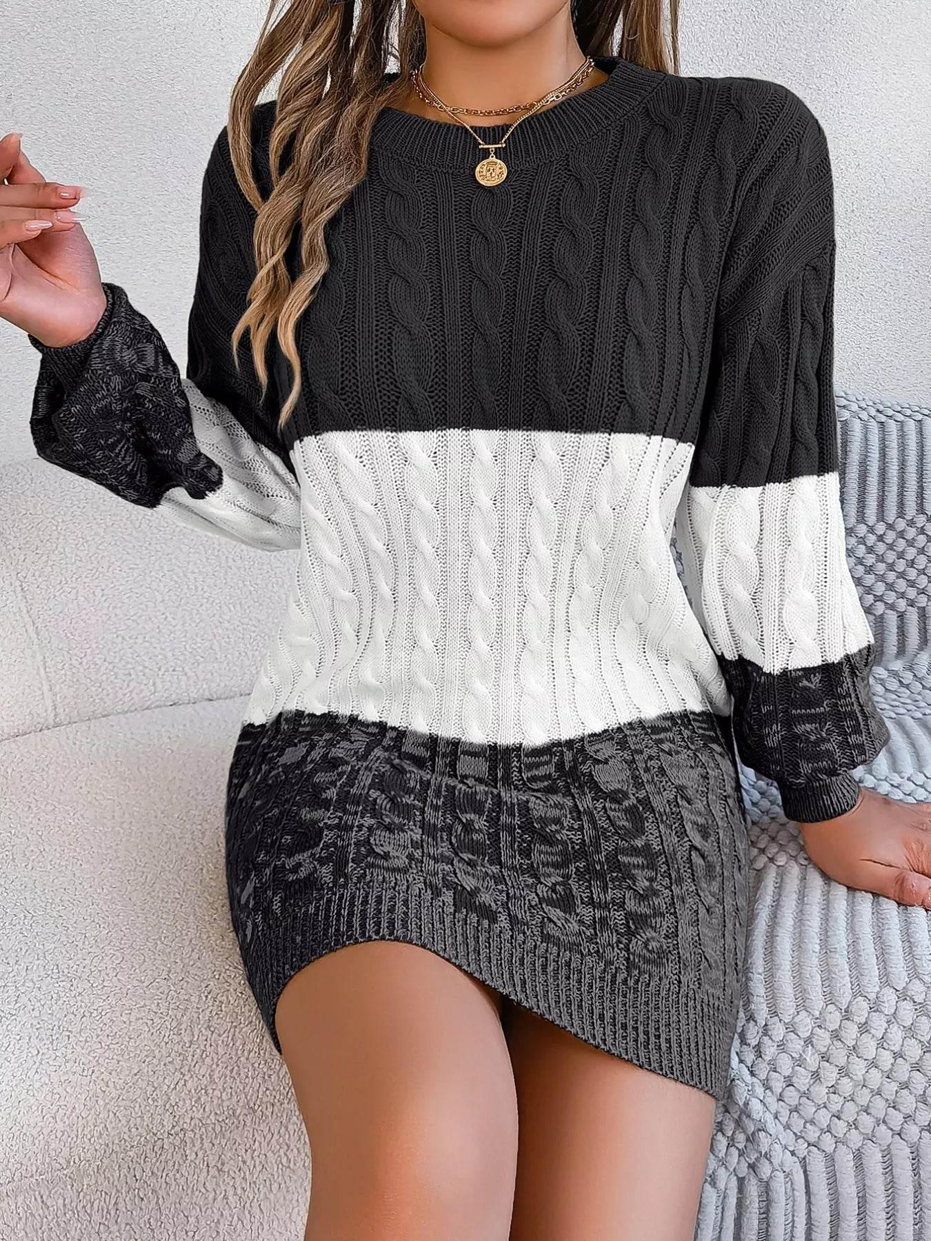 Cable Black Knit Sweater Dress with Textured Pattern - IVORYNN