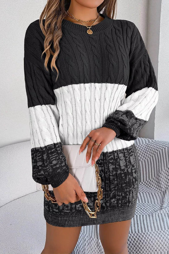 Cable Black Knit Sweater Dress with Textured Pattern - IVORYNN
