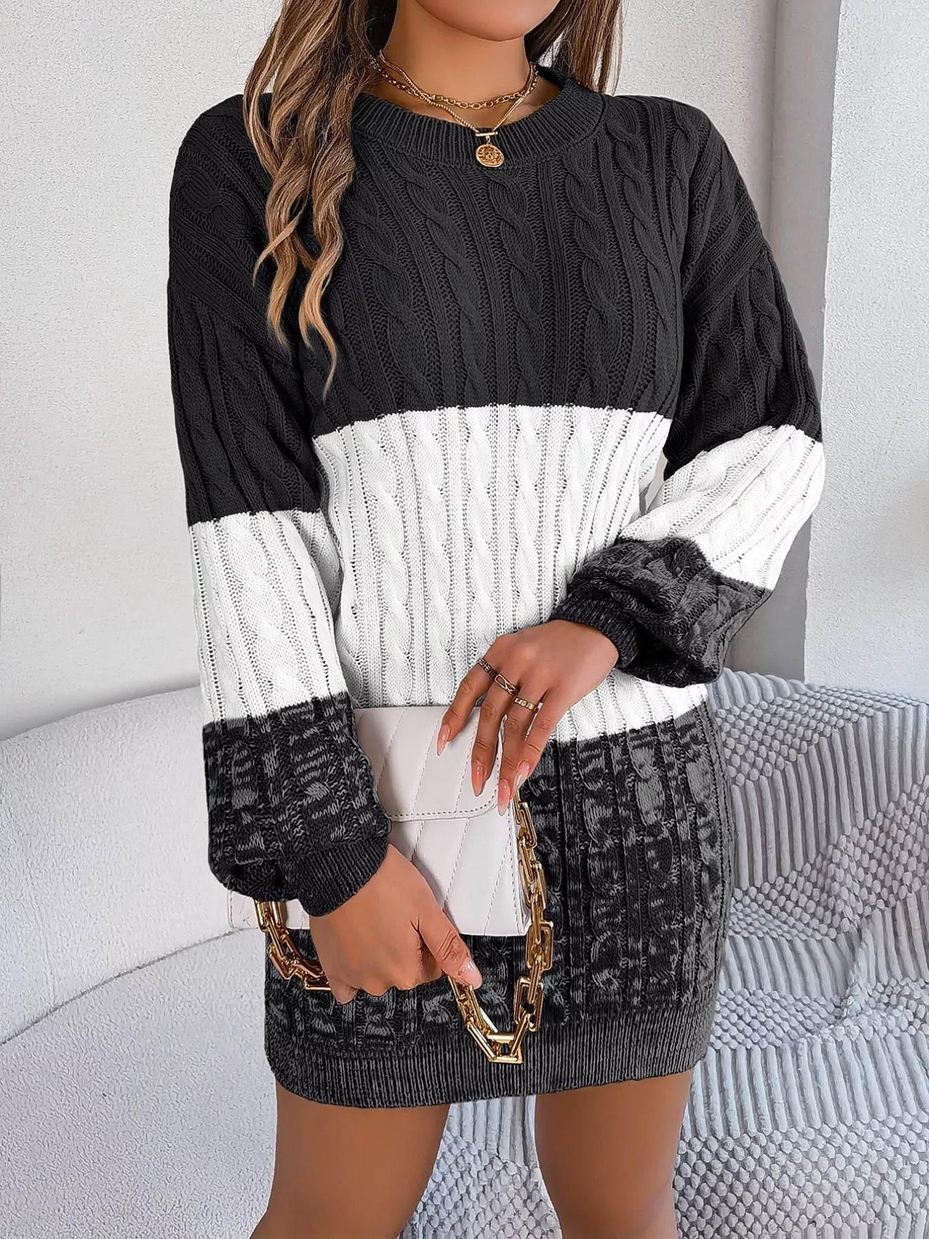 Cable Black Knit Sweater Dress with Textured Pattern - IVORYNN
