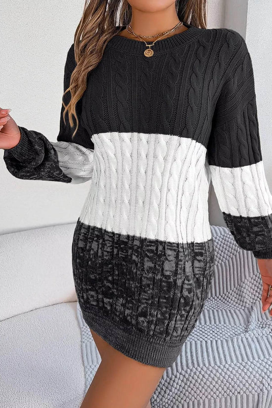 Cable Black Knit Sweater Dress with Textured Pattern - IVORYNN