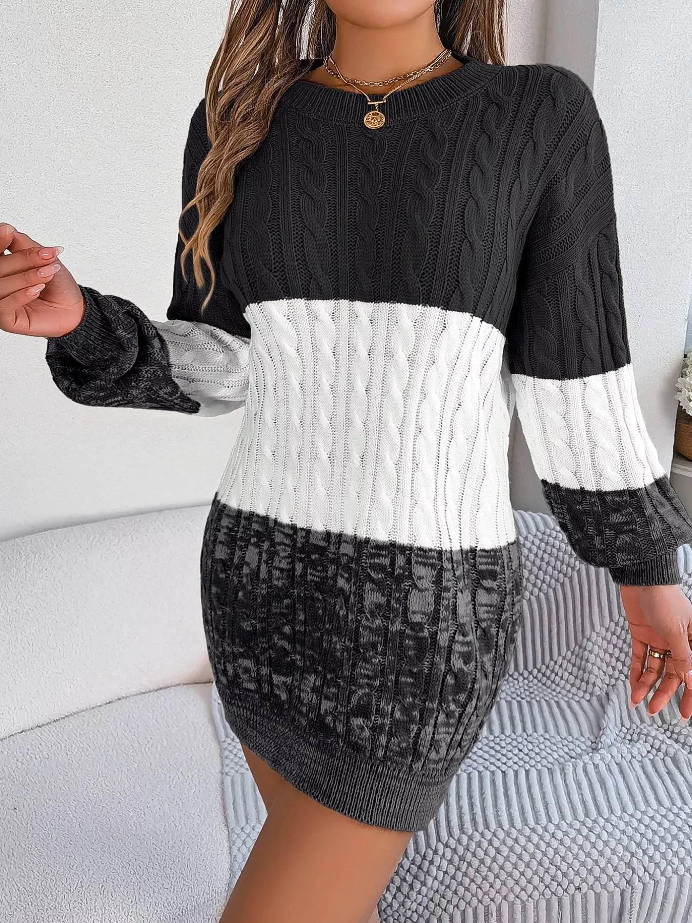 Cable Black Knit Sweater Dress with Textured Pattern - IVORYNN