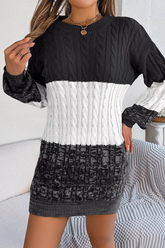 Cable Black Knit Sweater Dress with Textured Pattern - IVORYNN