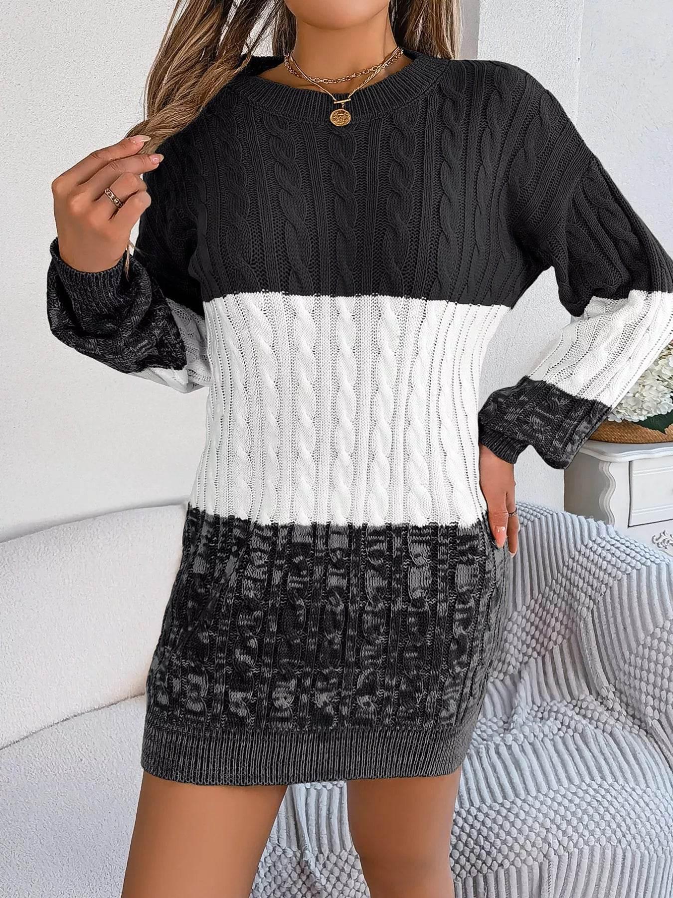 Cable Black Knit Sweater Dress with Textured Pattern - IVORYNN