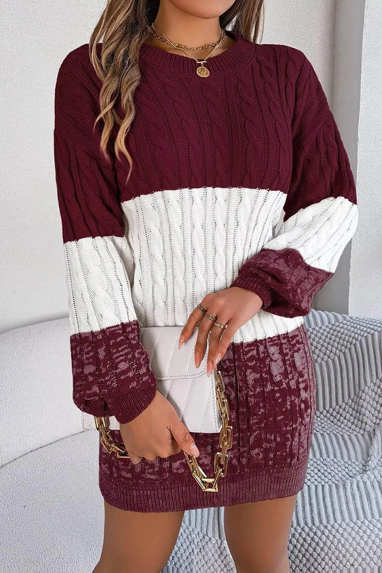 Cable Burgundy Knit Sweater Dress with Textured Pattern - IVORYNN