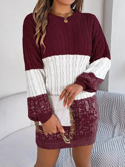 Cable Burgundy Knit Sweater Dress with Textured Pattern - IVORYNN