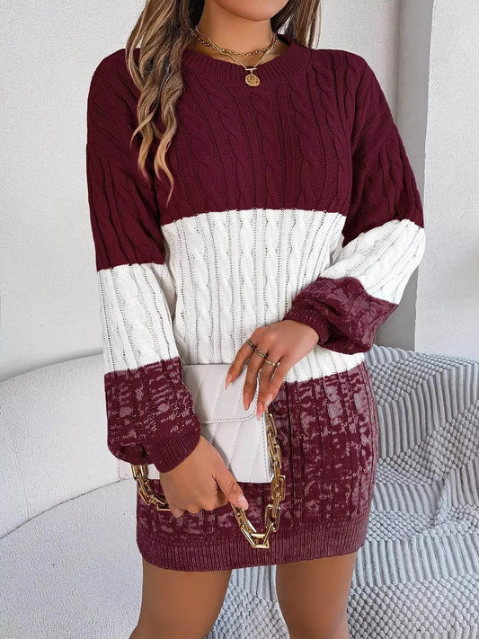 Cable Burgundy Knit Sweater Dress with Textured Pattern