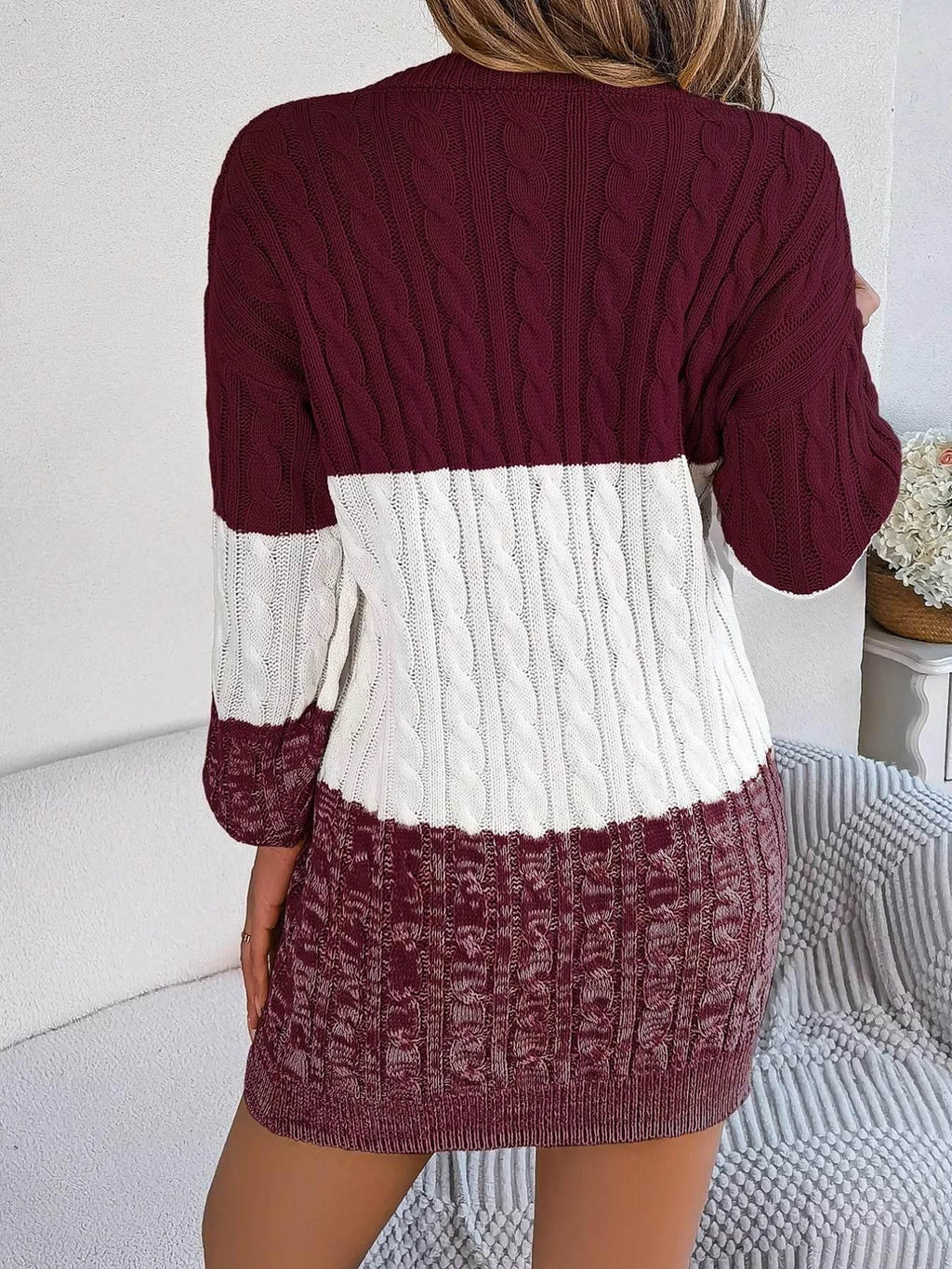 Cable Burgundy Knit Sweater Dress with Textured Pattern - IVORYNN