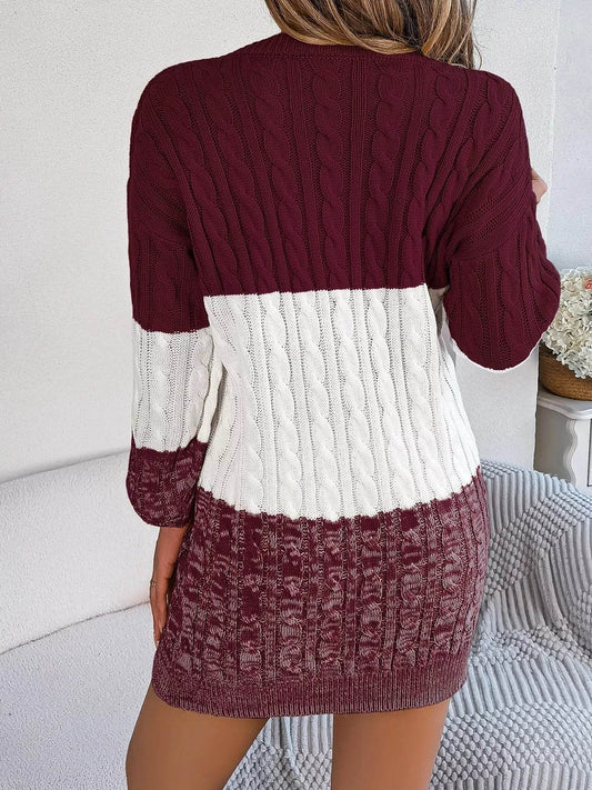Cable Burgundy Knit Sweater Dress with Textured Pattern