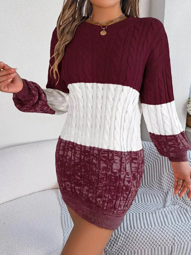 Cable Burgundy Knit Sweater Dress with Textured Pattern - IVORYNN