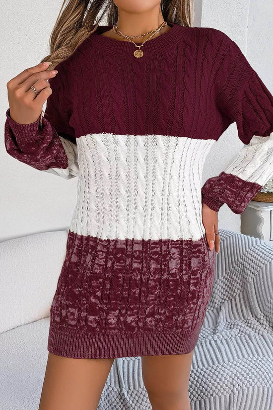 Cable Burgundy Knit Sweater Dress with Textured Pattern - IVORYNN
