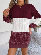 Cable Burgundy Knit Sweater Dress with Textured Pattern - IVORYNN