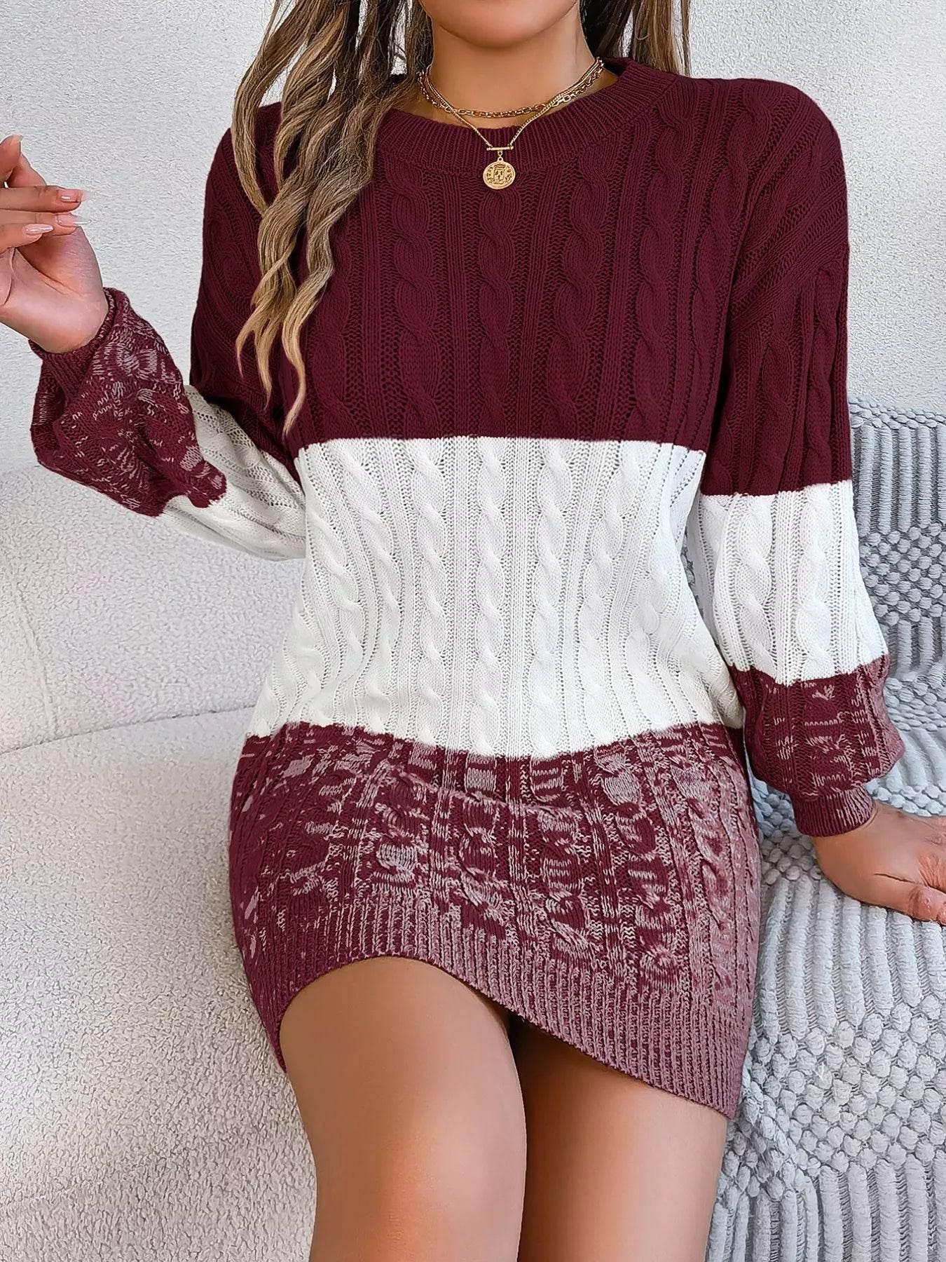 Cable Burgundy Knit Sweater Dress with Textured Pattern - IVORYNN