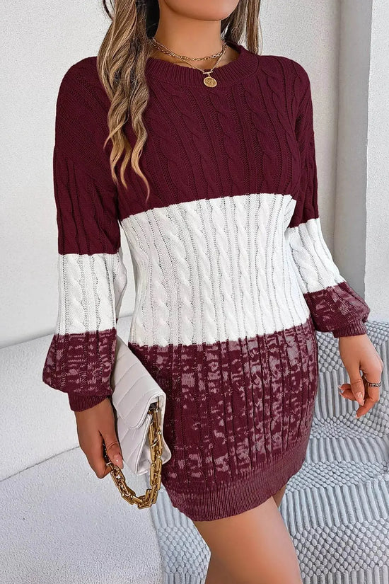 Cable Burgundy Knit Sweater Dress with Textured Pattern - IVORYNN