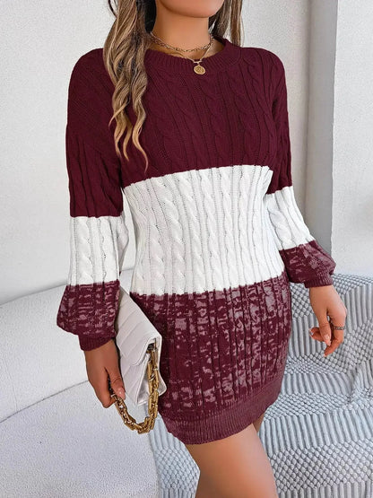 Cable Burgundy Knit Sweater Dress with Textured Pattern - IVORYNN