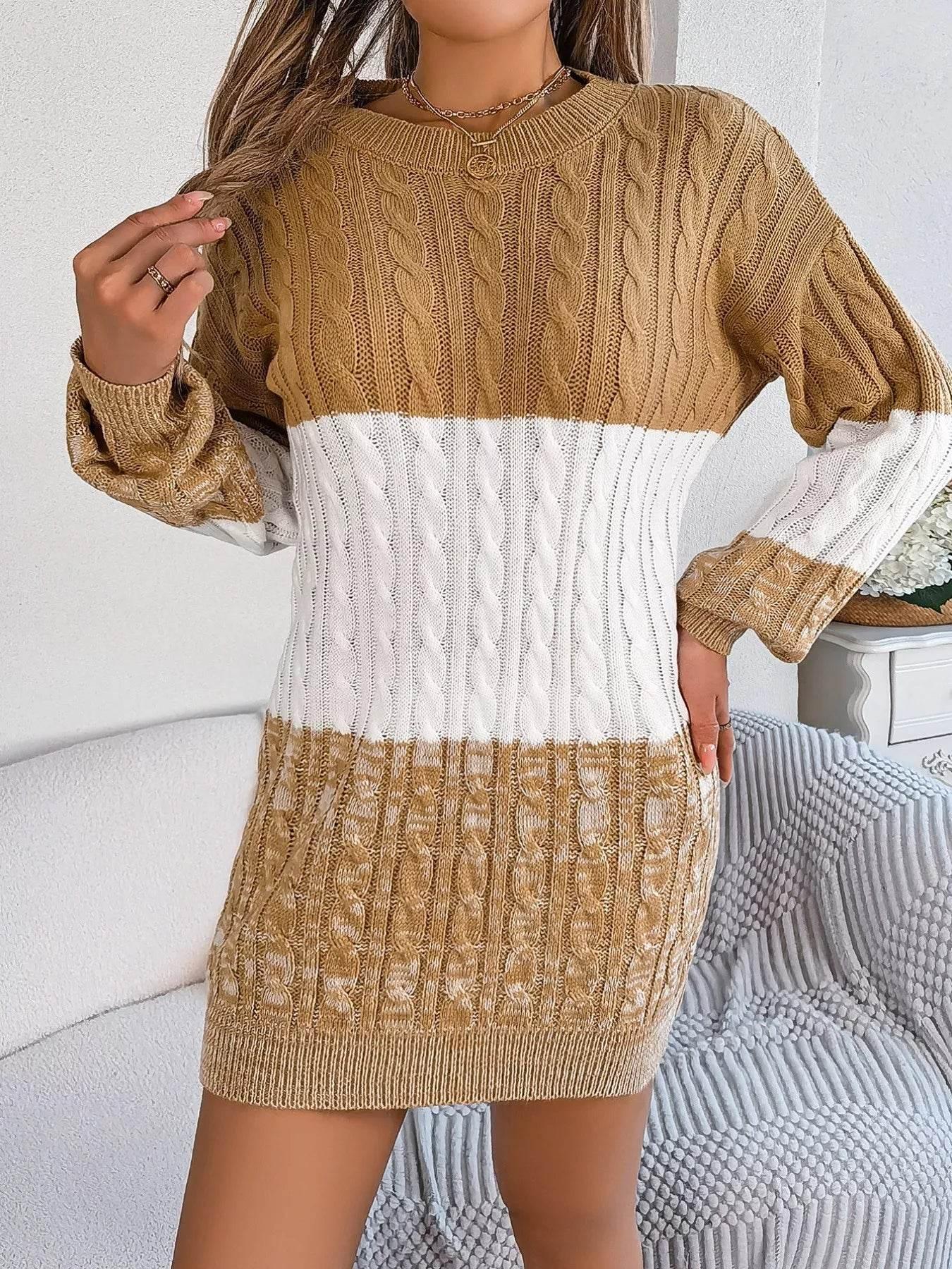 Cable Camel Knit Sweater Dress with Textured Pattern - IVORYNN