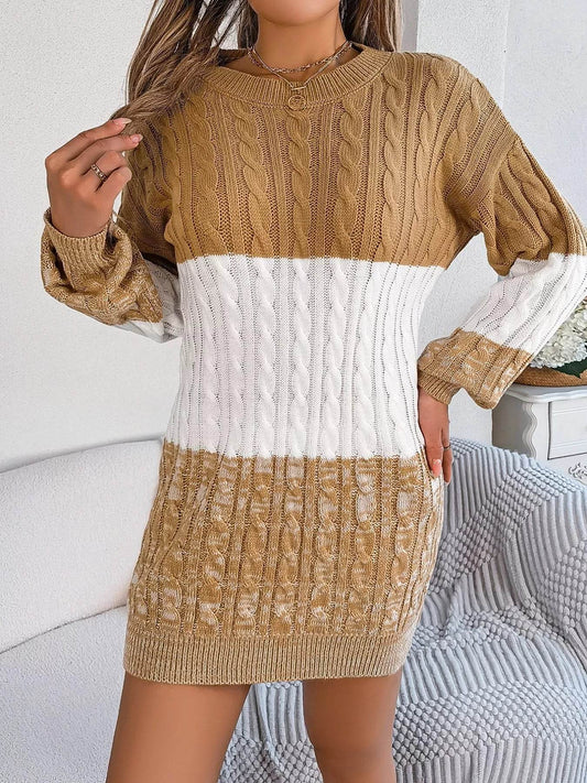 Cable Camel Knit Sweater Dress with Textured Pattern