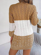 Cable Camel Knit Sweater Dress with Textured Pattern - IVORYNN