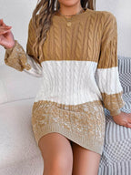 Cable Camel Knit Sweater Dress with Textured Pattern - IVORYNN