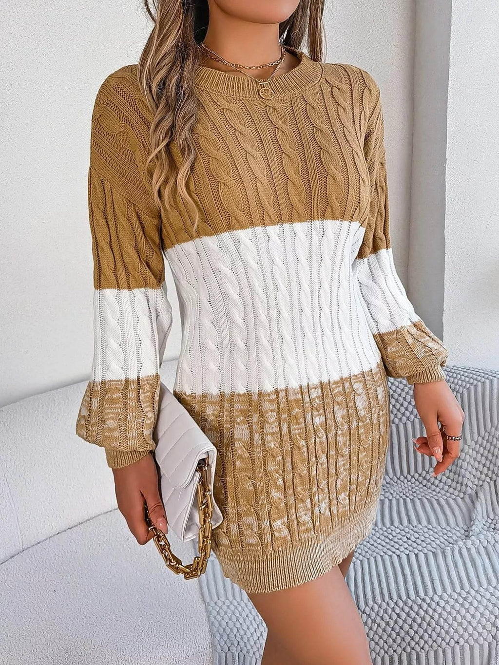Cable Camel Knit Sweater Dress with Textured Pattern - IVORYNN
