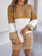Cable Camel Knit Sweater Dress with Textured Pattern - IVORYNN