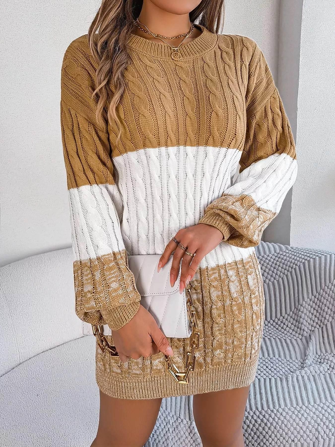 Cable Camel Knit Sweater Dress with Textured Pattern - IVORYNN