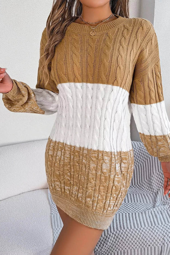 Cable Camel Knit Sweater Dress with Textured Pattern - IVORYNN