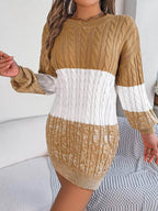Cable Camel Knit Sweater Dress with Textured Pattern - IVORYNN